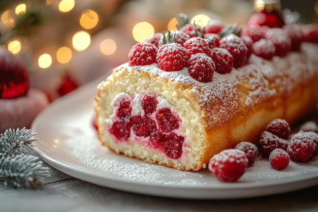 Photo christmas raspberry cake roll adorned with fresh berries and a sprinkle of powdered sugar