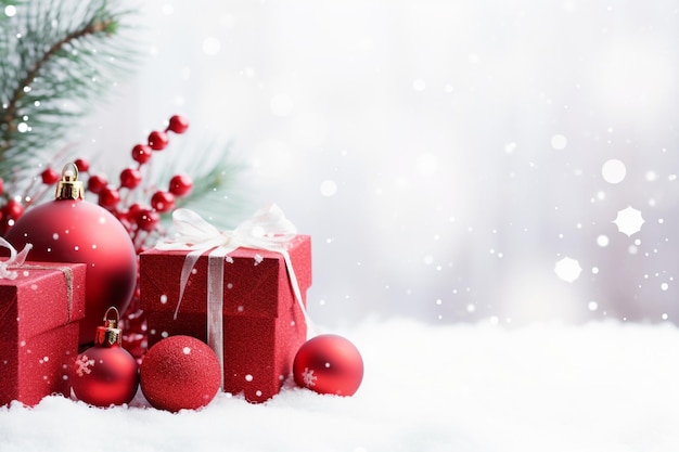 christmas red decorations on snow with gift boxes