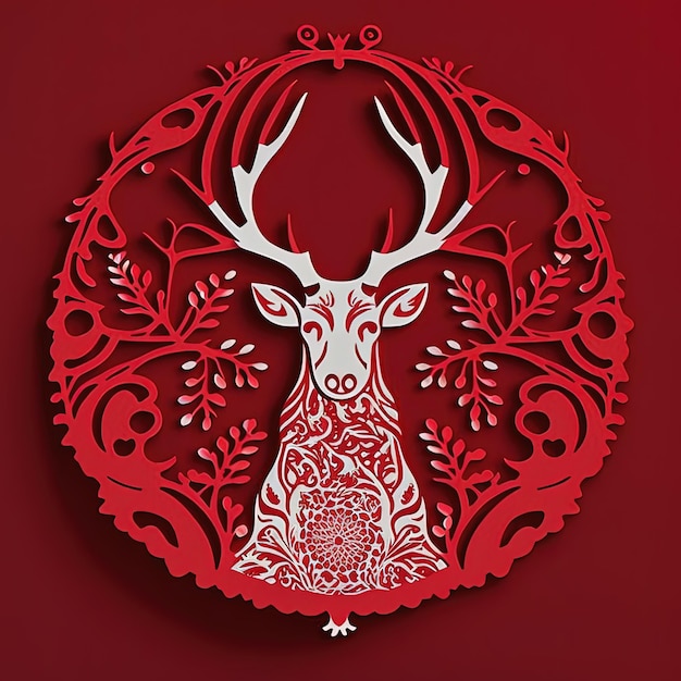 Christmas red deer paper cut design Generative AI Not based on any actual scene or pattern