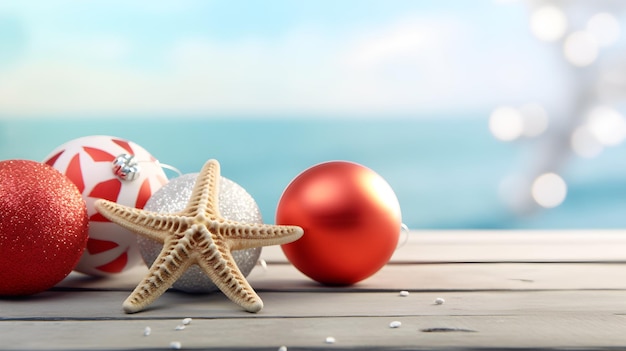 Christmas red and white ball with starfish on wooden table at the beach