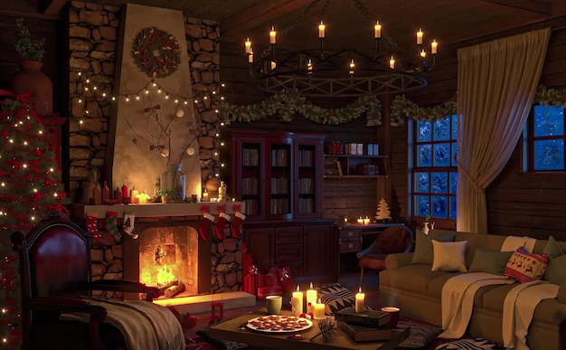 Christmas Room Design Christmas Tree Lights Candles And Garland Lighting Fireplace Winter Night