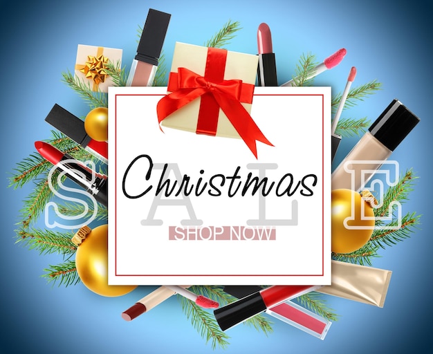 Christmas sale ad with makeup products and decor