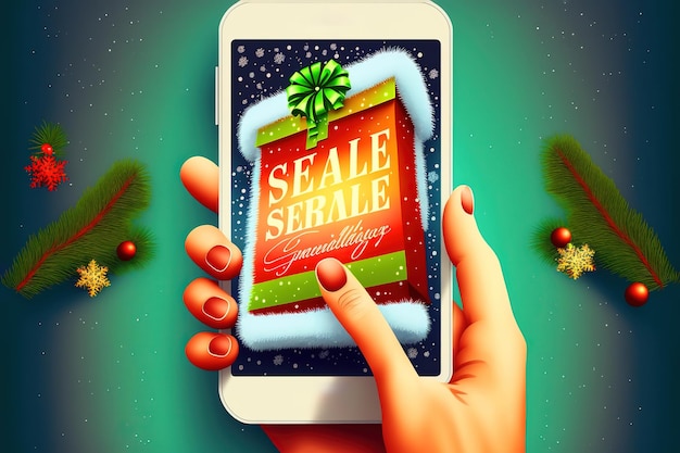 Christmas Sale Beautiful hand with a cell phone and a selling display advertising Marketing advertising of holidays discount internet and smartphone New year