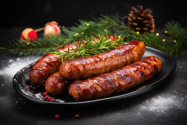 Christmas sausages on a stone background adorned with trees decorations and gifts