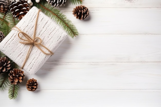 Christmas scene featuring items such as a gift blanket pine cones and fir branches on a white backgr