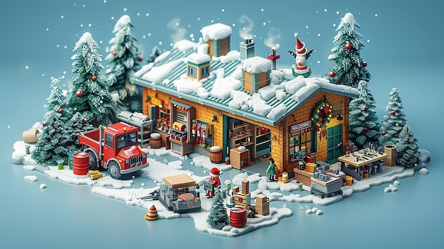 a christmas scene with a fire truck and a snow covered building