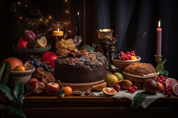 Christmas scene with fruit cake surrounded by presents and decorations created with generative ai