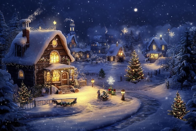 a christmas scene with a house and a snow covered tree