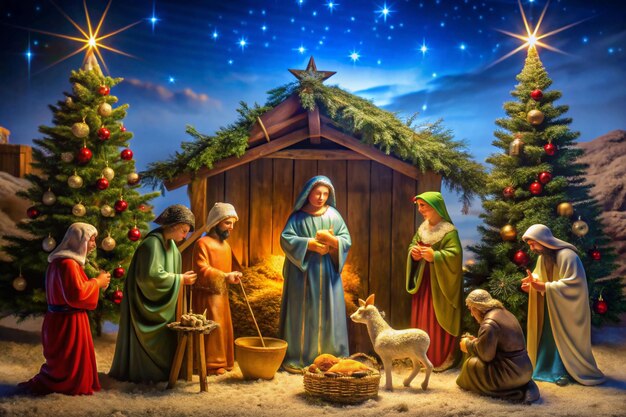 Photo a christmas scene with nativity scene and nativity scene with builder and a dog