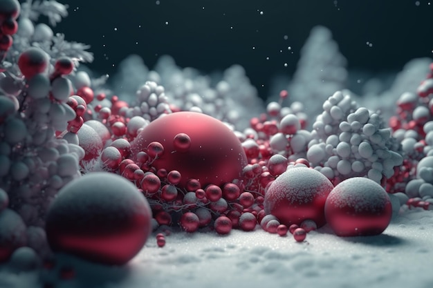 A christmas scene with red and white balls and snow on the ground