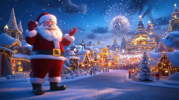 a christmas scene with a santa claus and fireworks