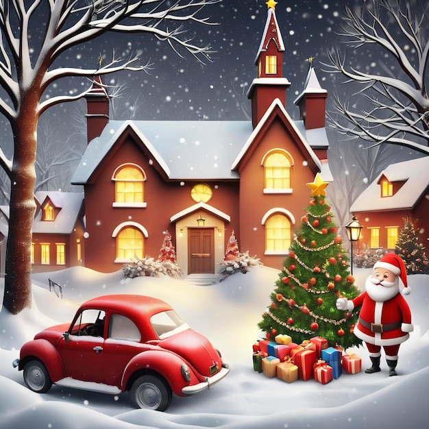 Christmas scene with Santa Claus and a red house