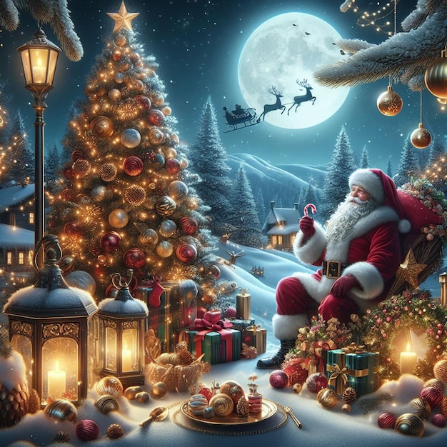 a christmas scene with santa claus sitting in front of a christmas tree