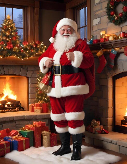 a christmas scene with a santa claus standing in front of a fireplace