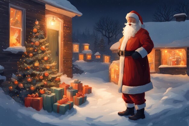 a christmas scene with a santa claus standing in front of a house