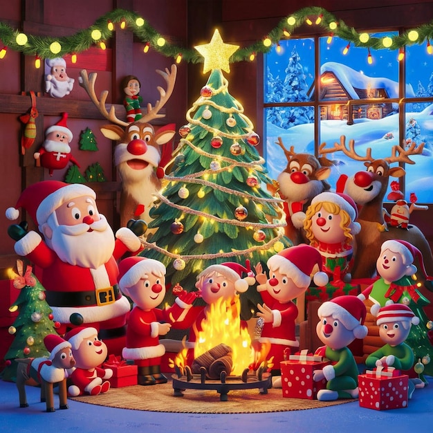 a christmas scene with santa and santa and santa and a christmas tree