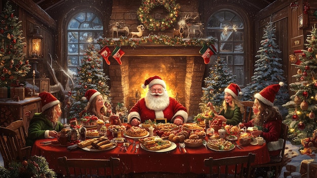 a christmas scene with santa and santa and santa claus sitting at a table with a fireplace in the background