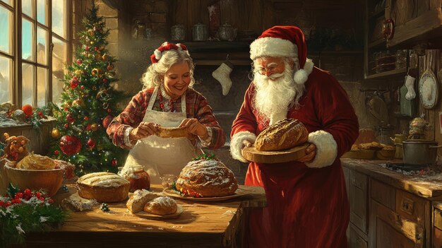 a christmas scene with santa and a woman holding bread and a christmas tree in the background