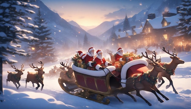 Photo a christmas scene with santas and santas on the sleigh