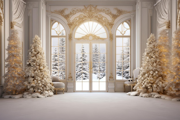 a christmas scene with a snow covered christmas tree and a fireplace.