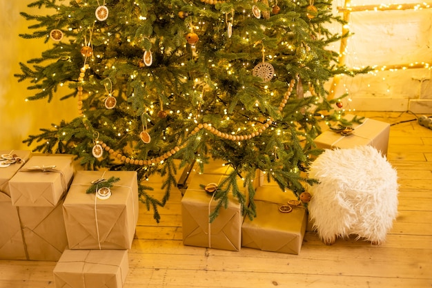 Christmas scene with tree gifts , christmas interior