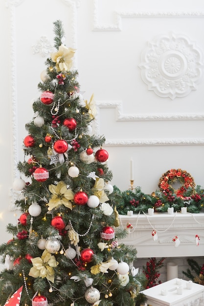 Christmas scene with tree gifts and decorations in background New year holiday interior