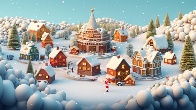 a christmas scene with a wooden village and a snow covered roof