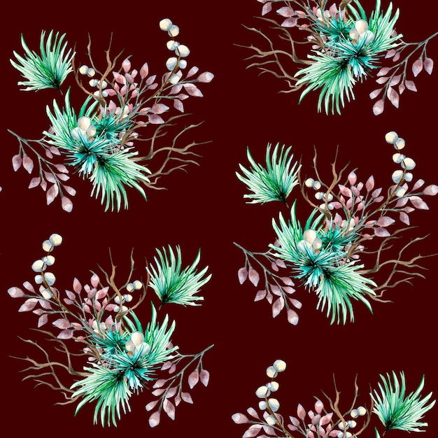 Christmas seamless pattern of coniferous branch needles watercolor isolated on red