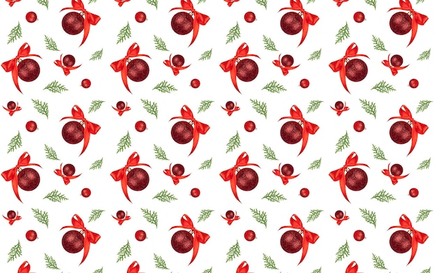 christmas seamless pattern red ornament with bow and spruce branch