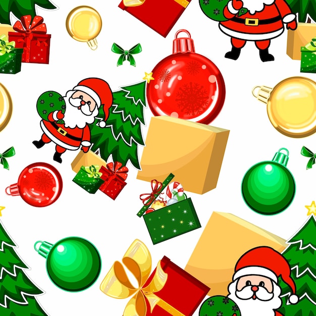 Christmas seamless pattern of Santa Claus with spruce and gift box balls holly and bow Digital illustration for design decorating background party textile making print packaging wrapping paper