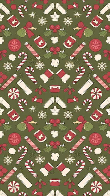 Photo christmas seamless pattern with candy cane sweets and snowflakes on a green background cartoon st