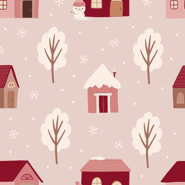 Christmas seamless pattern with fir trees snowflakes and houses on pink background