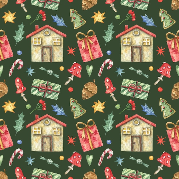 Christmas seamless pattern with New Year's decor, gifts, gingerbread, caramel, fly agaric, stars.