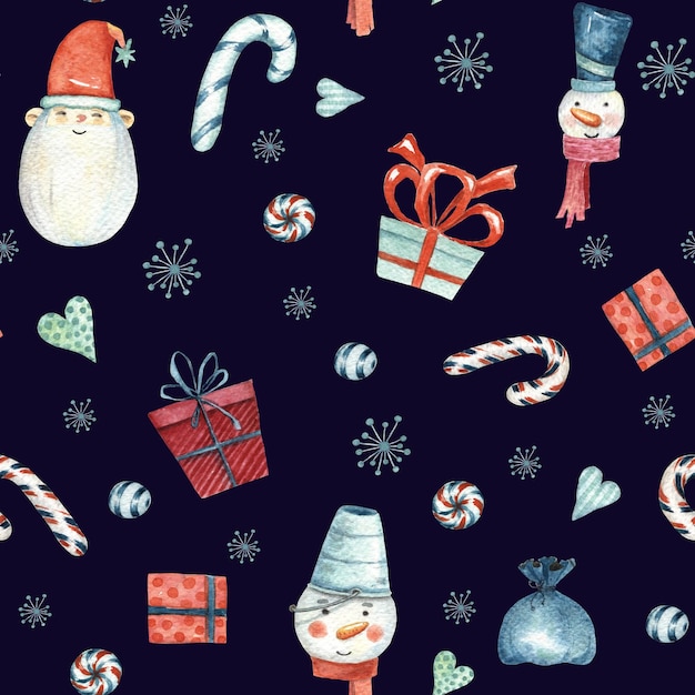 Christmas seamless pattern with snow men gifts and candies