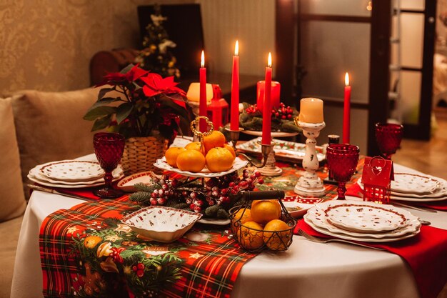 Christmas serving at home on the background of the Christmas tree