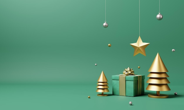 Christmas set decoration and ornament with golden Xmas tree and snowflake on isolated green background. Holiday festival and minimalism object concept. 3D illustration rendering