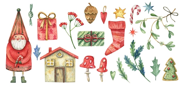 Christmas set with cute gnome elf and new year decor with red house, sock, gifts, fly agaric.