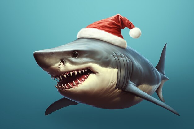 A Christmas shark with santa hat cute funny illustration