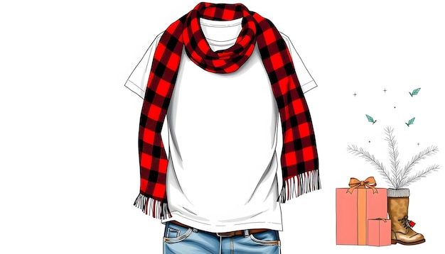 Photo christmas shirt mockup white tshirt with buffalo plaid scarf boots jeans isolated with white