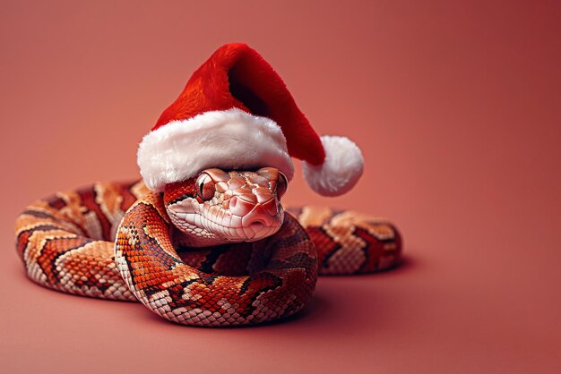 Photo christmas snake symbol of the year wearing santa hat on red background 2025 is lunar year of green wooden snake christmas banner chinese happy new year and merry christmas banner with copy space