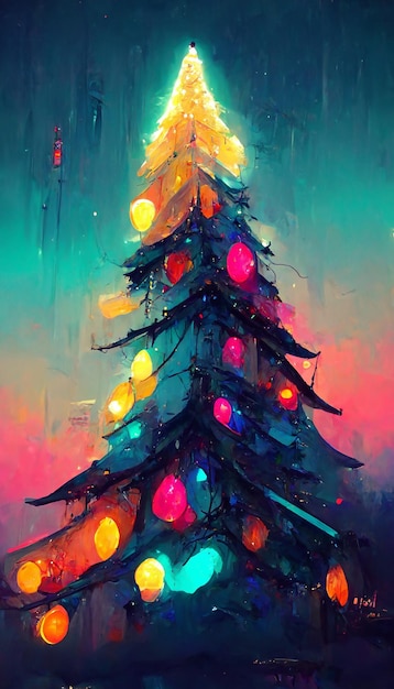 Christmas snow christmas tree colorful neon lights 3D illustration