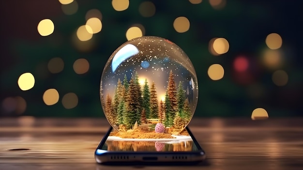 Christmas snow globe on smartphone device