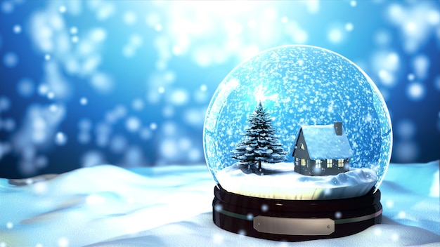 Photo christmas snow globe snowflake with snowfall on blue background