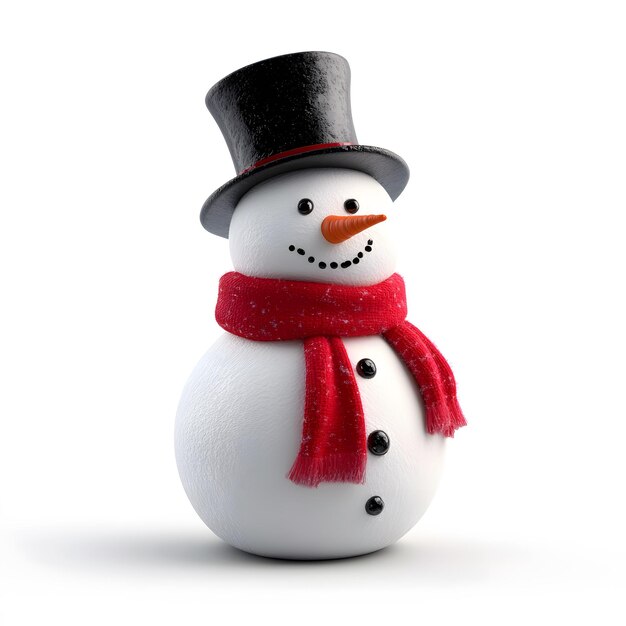 Photo christmas snowman with a carrot nose coal buttons scarf and black top hat on a white background