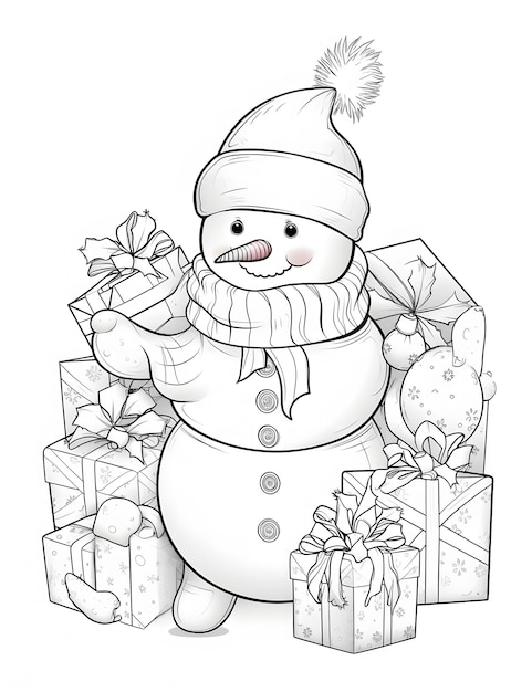 Photo christmas snowman with gifts coloring page for kids