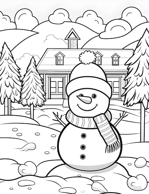 Christmas snowman with winter landscape and snow coloring book page for kids