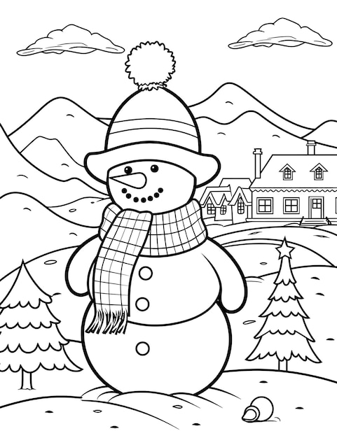 Christmas snowman with winter landscape and snow coloring book page for kids