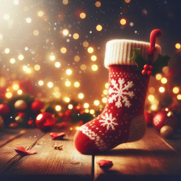 christmas sock with gifts and candles christmas decoration background