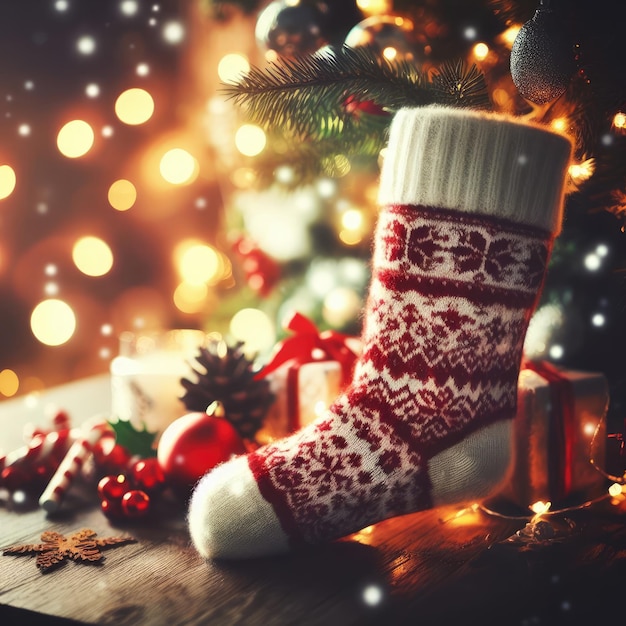 christmas sock with gifts and candles christmas decoration background