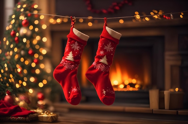 Christmas socks on the background of a burning fireplace Christmas and New Year concept